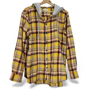 PacSun Yellow and Gray Hooded Flannel Shirt Men's L Button Up Casual Outdoor